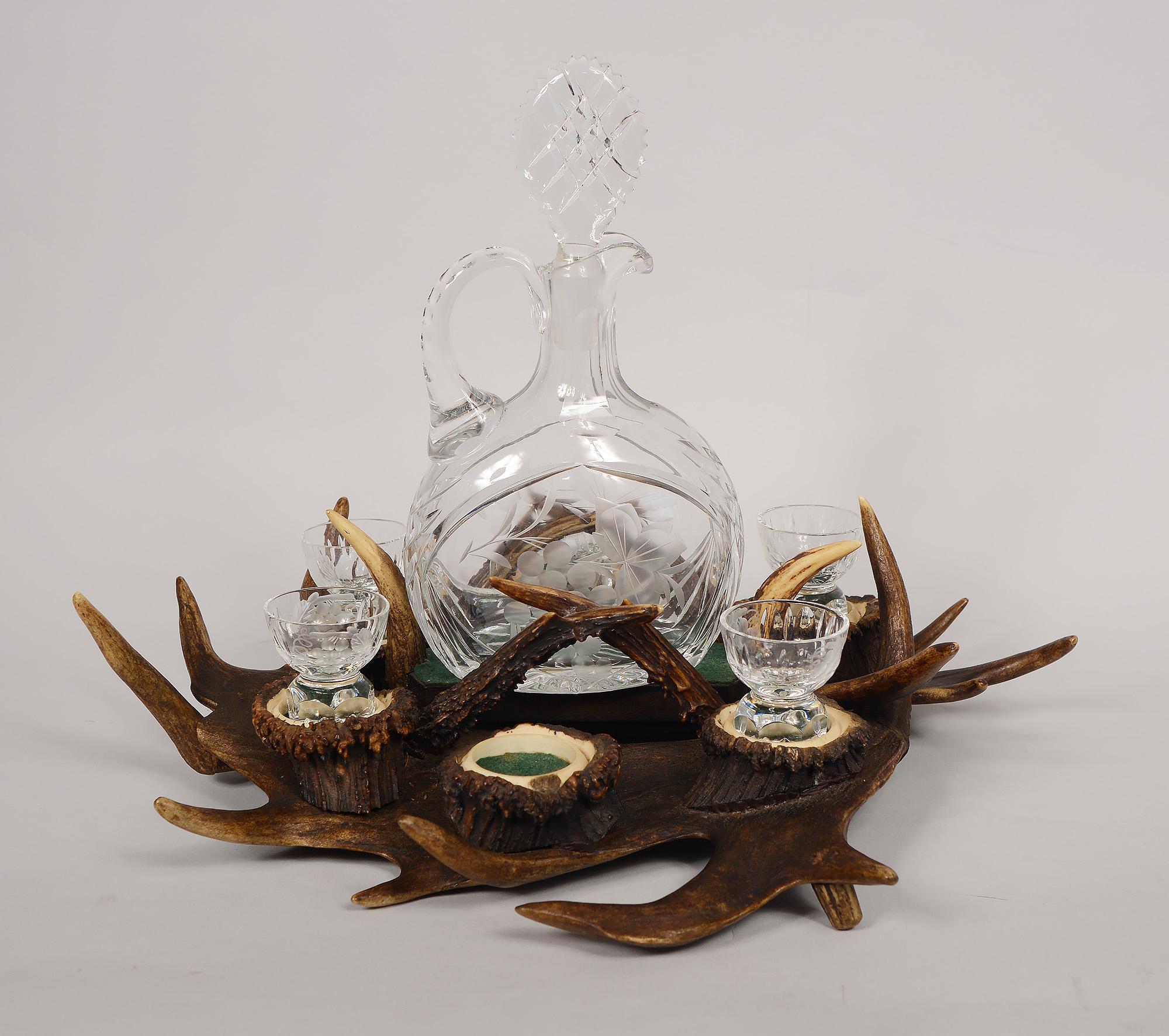 German Black Forest Antler Tray with Decanter and Glasses For Sale 1