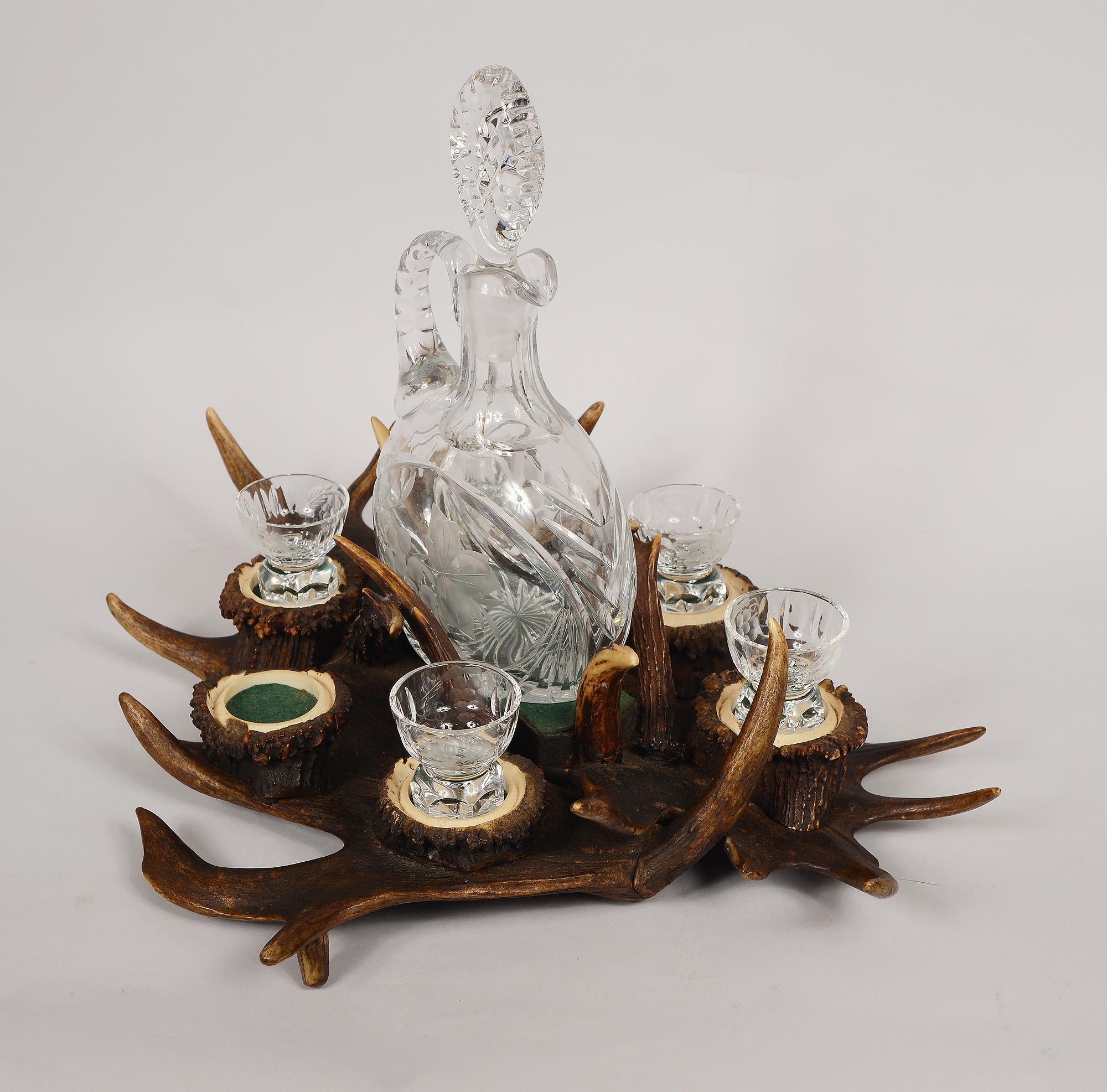 German Black Forest Antler Tray with Decanter and Glasses For Sale 2