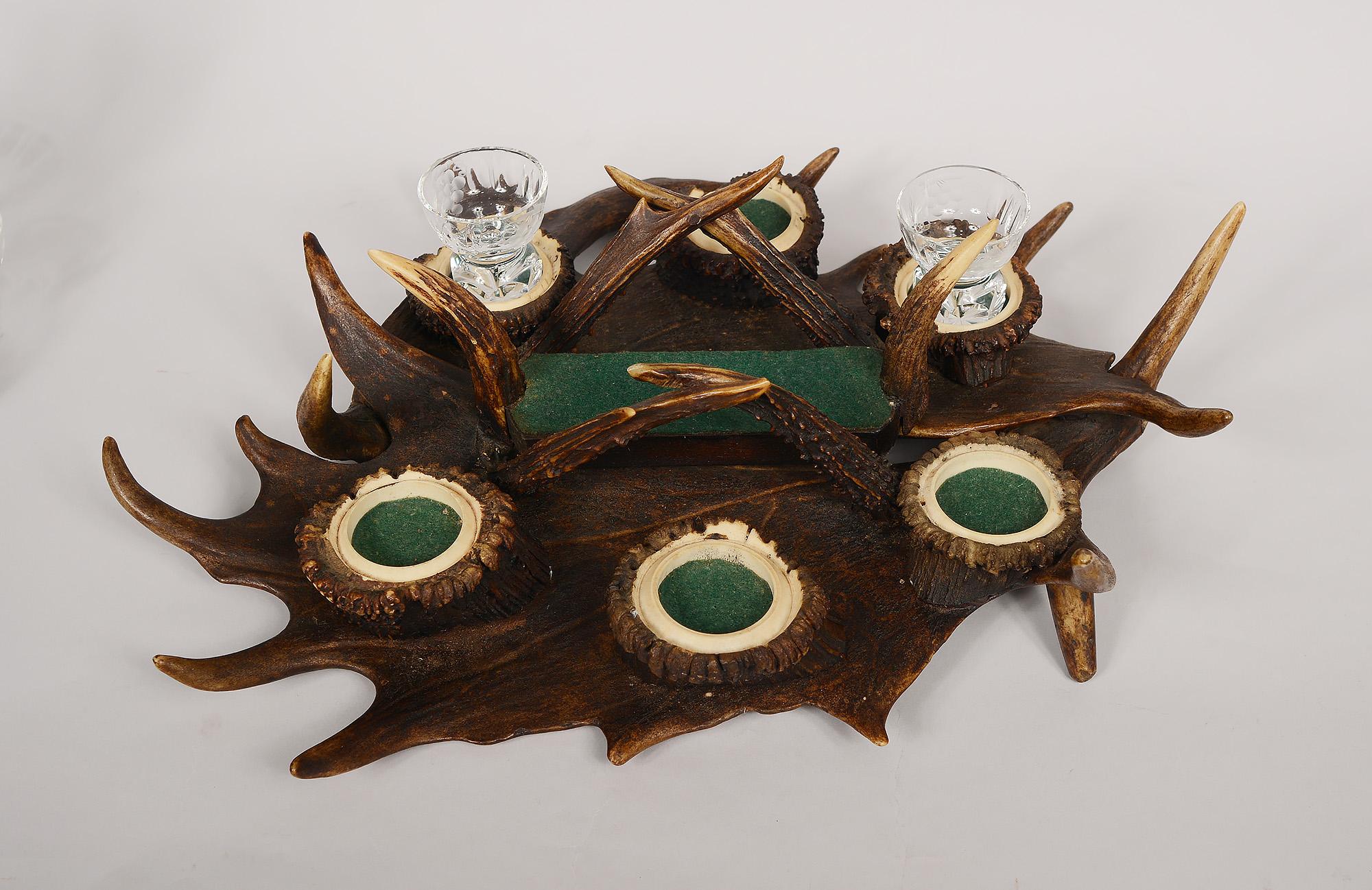 German Black Forest Antler Tray with Decanter and Glasses For Sale 4