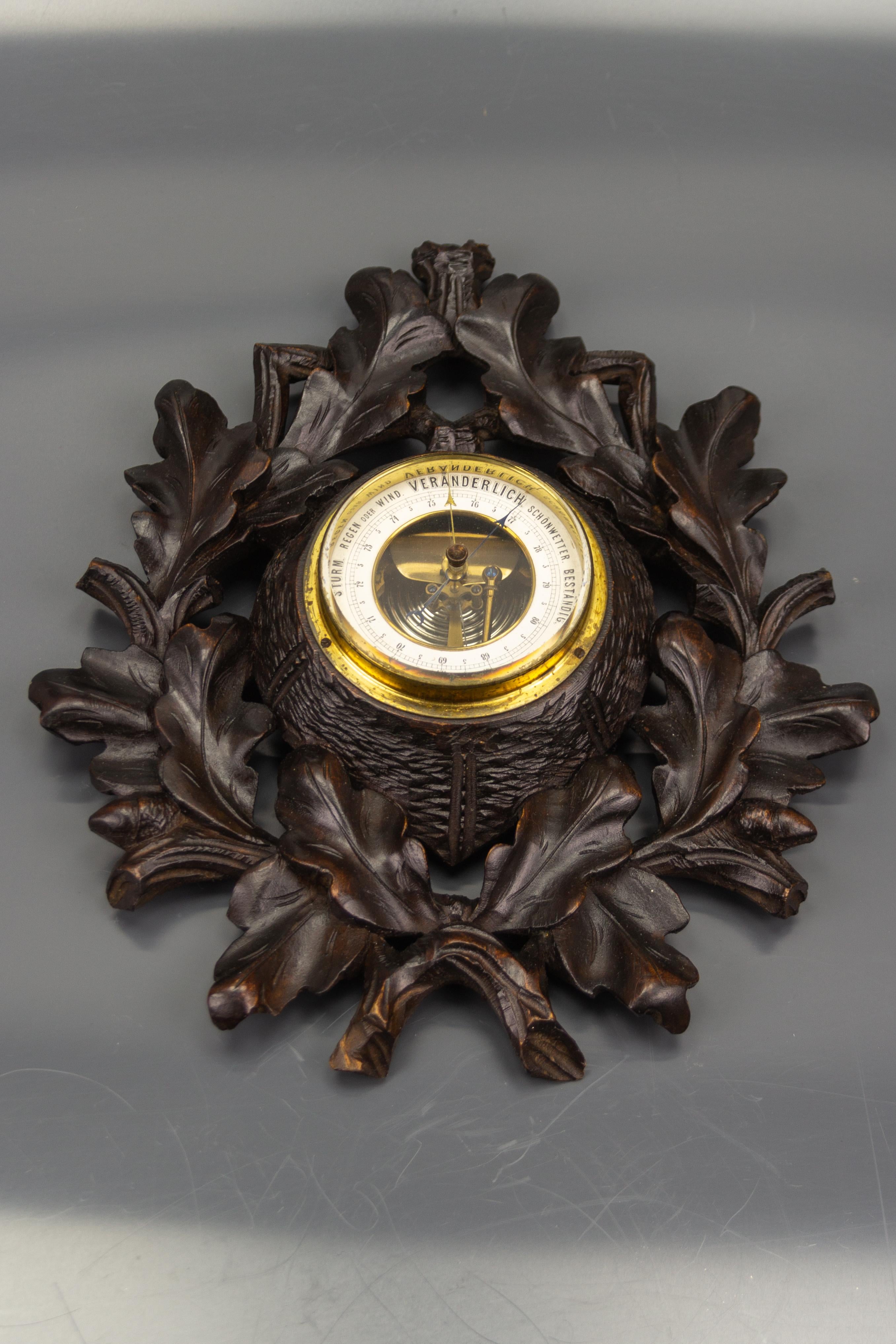 Antique German Barometer with Hand-Carved Oak Leaves and Acorns, 1920s For Sale 11