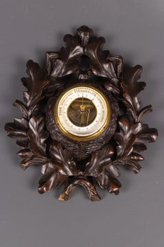 Antique German Barometer with Hand-Carved Oak Leaves and Acorns, 1920s