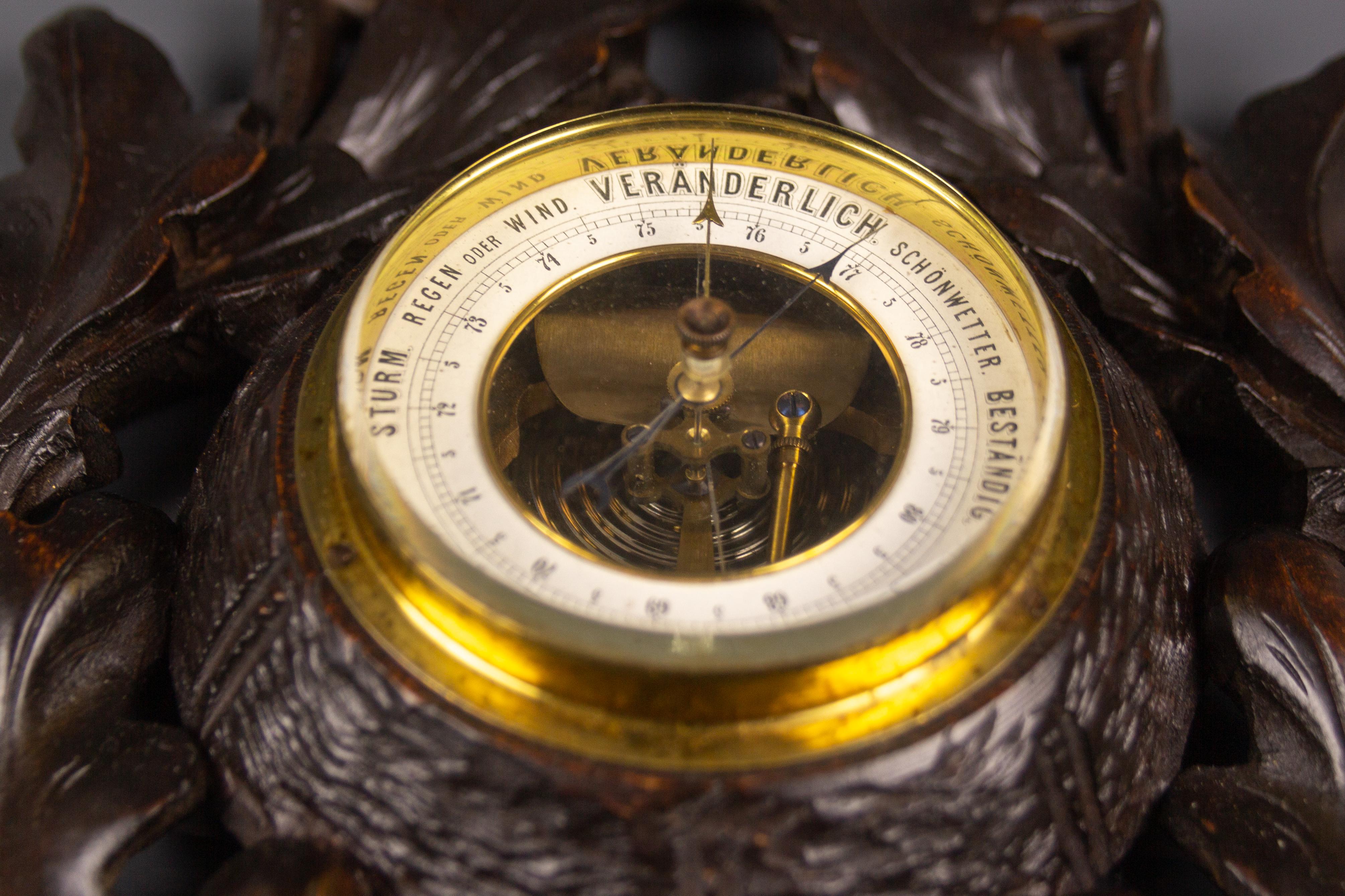 Black Forest Antique German Barometer with Hand-Carved Oak Leaves and Acorns, 1920s For Sale