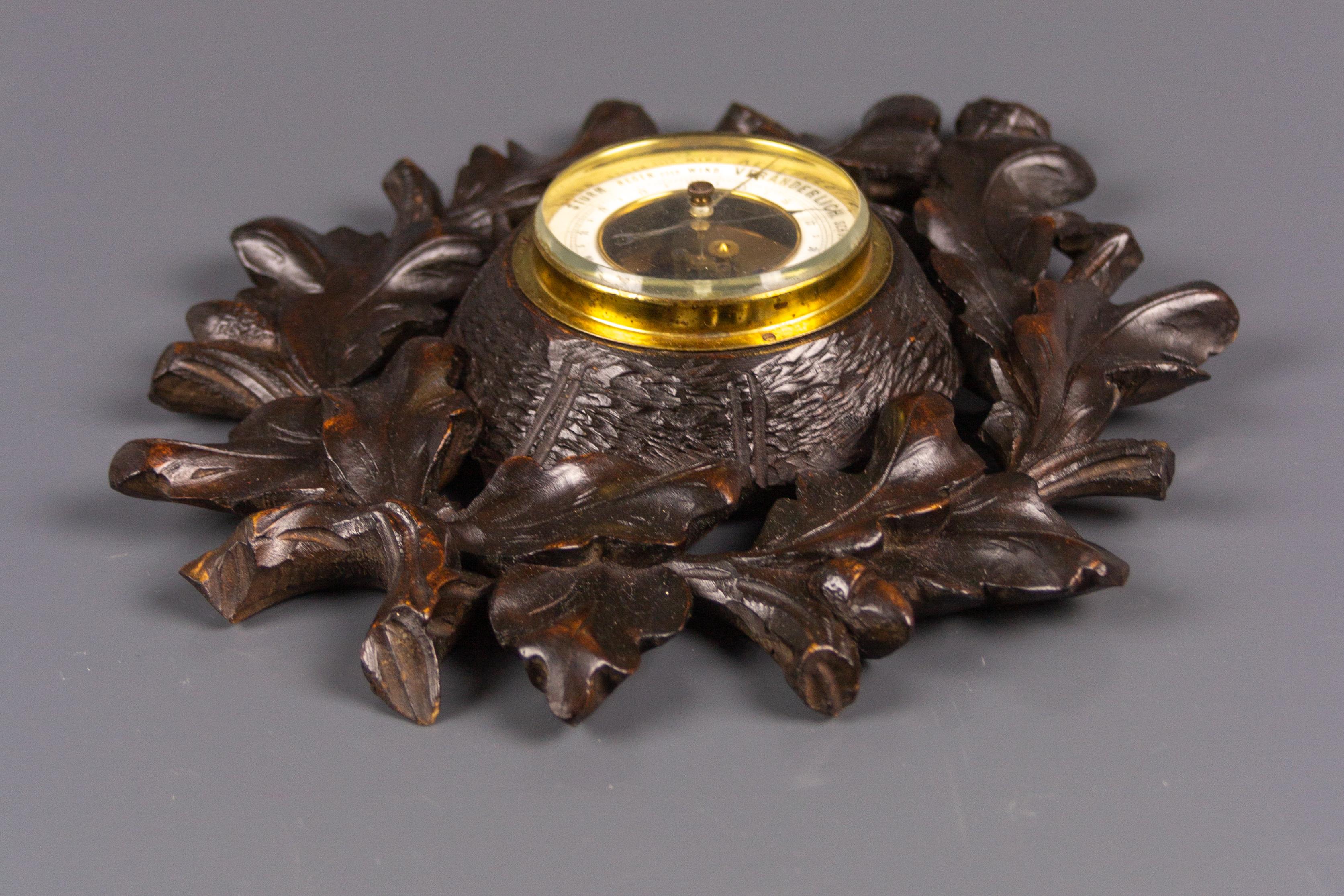 Early 20th Century Antique German Barometer with Hand-Carved Oak Leaves and Acorns, 1920s For Sale