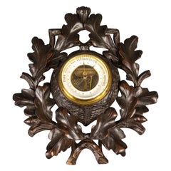 Antique German Barometer with Hand-Carved Oak Leaves and Acorns, 1920s