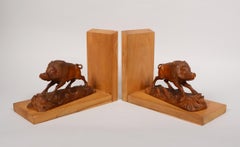 German Black Forest Carved Boar Bookends