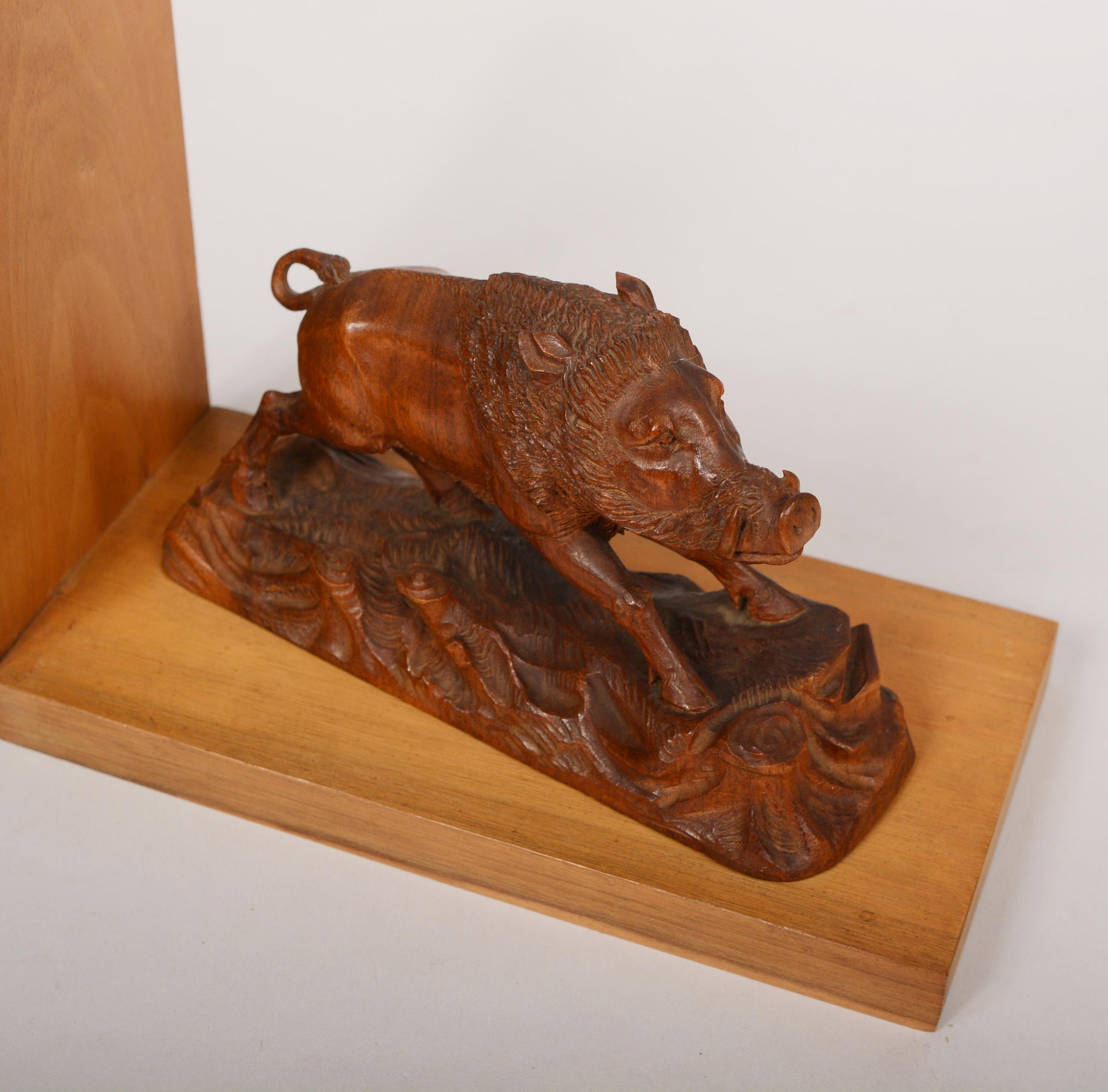 Mid-20th Century German Black Forest Carved Boar Bookends For Sale