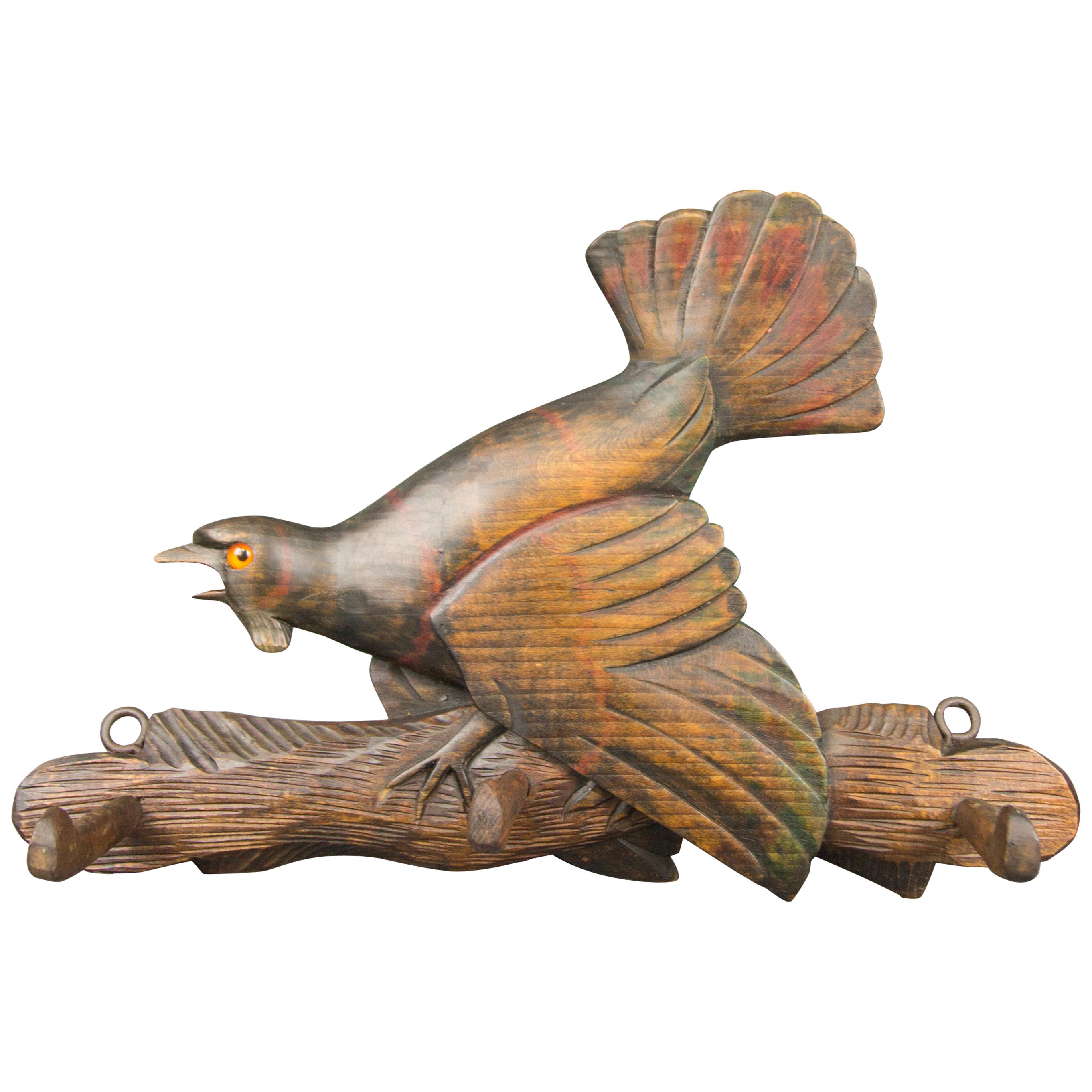 German Black Forest Hand Carved Coat Rack with Capercaillie Carving, 1900s