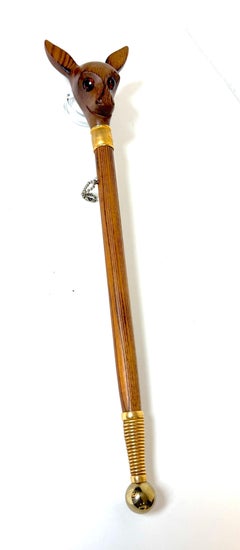 German Black Forest Style Carved Deer Head Baton with Brass Mounts, Circa 1930s