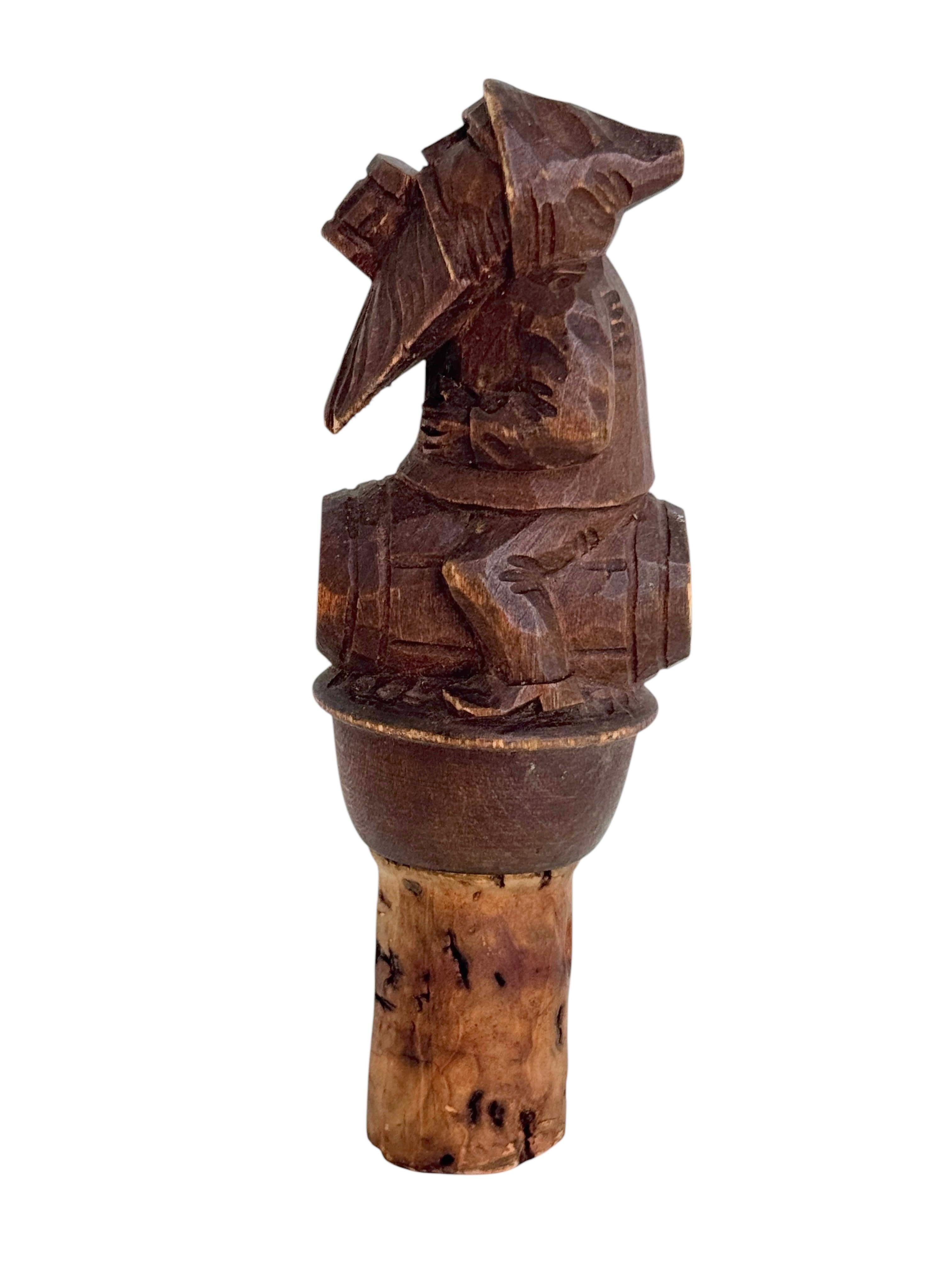 Mid-20th Century German Black Forest Wood Carved Figural Gnome Cork Bottle Stopper, 1910s For Sale