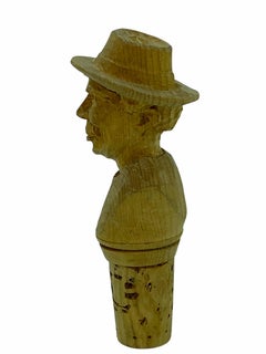 German Black Forest Wood Carved Figural Man Head Cork Bottle Stopper, 1930s
