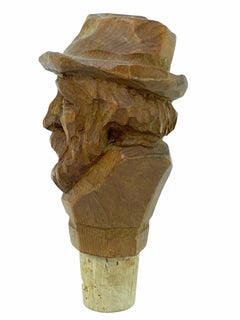 German Black Forest Wood Carved Figural Man Head Cork Bottle Stopper, 1930s