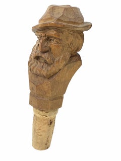 German Black Forest Wood Carved Figural Man Head Cork Bottle Stopper, 1930s