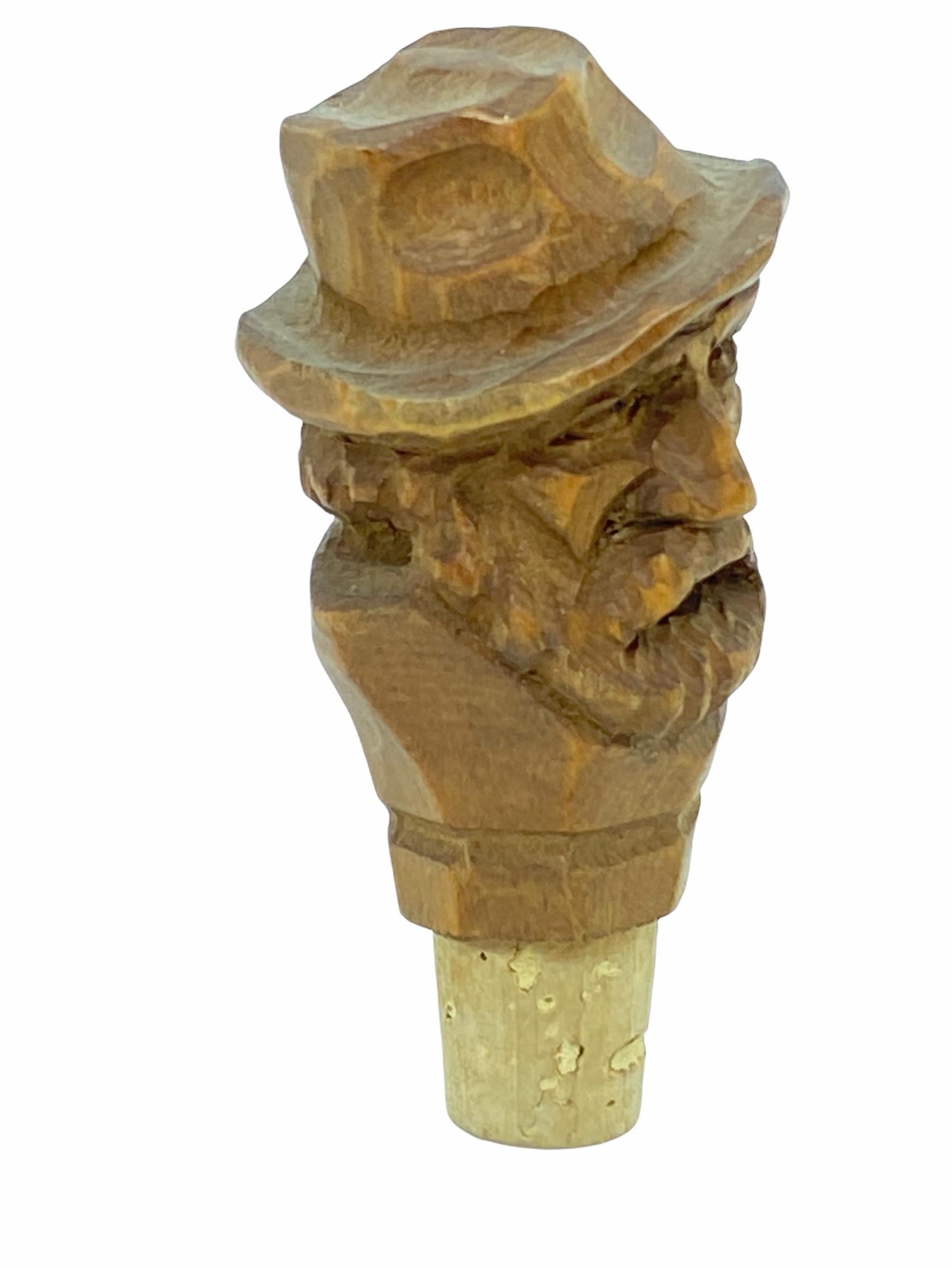 Mid-20th Century German Black Forest Wood Carved Figural Man Head Cork Bottle Stopper, 1930s