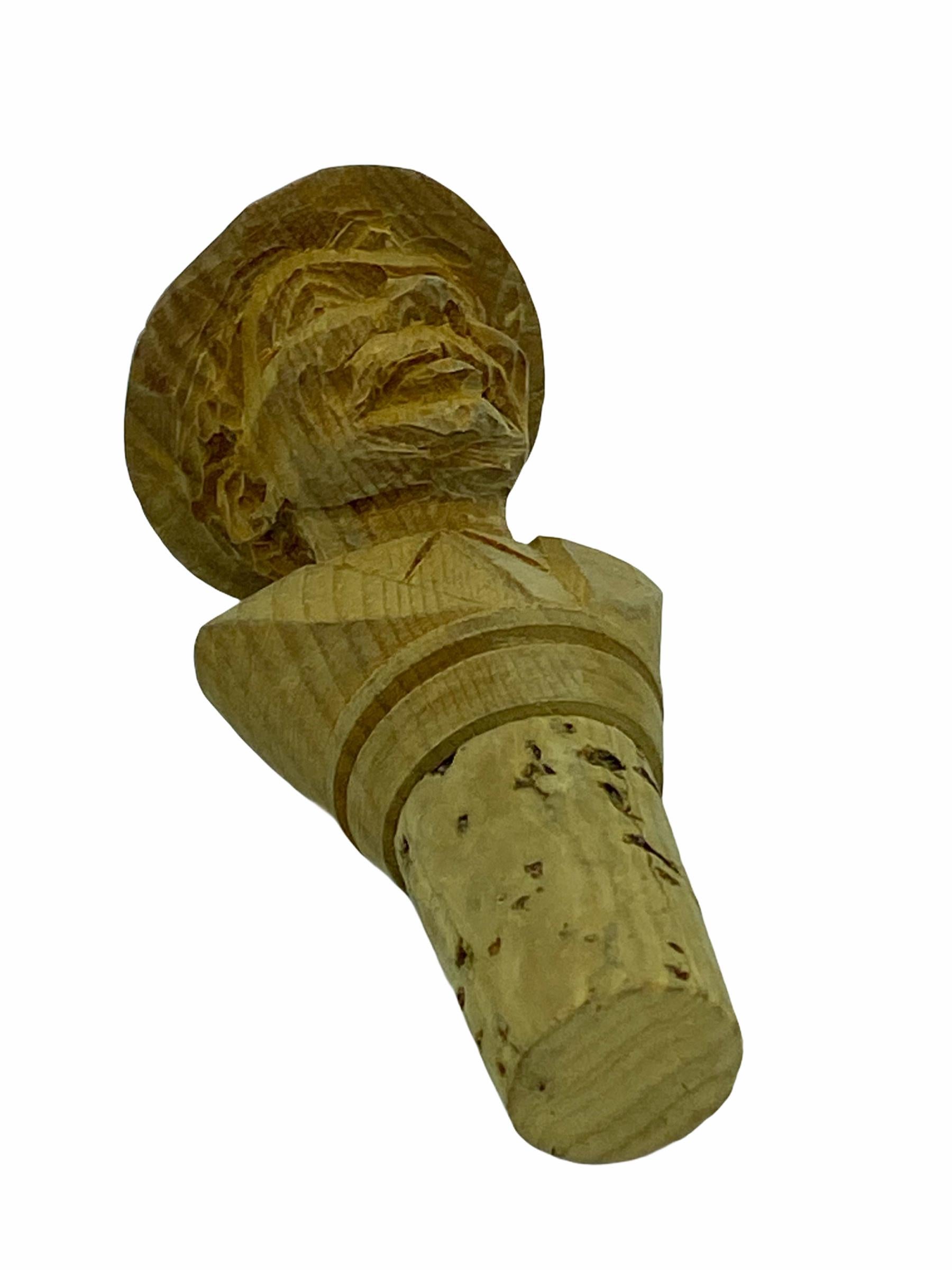 Mid-20th Century German Black Forest Wood Carved Figural Man Head Cork Bottle Stopper, 1930s For Sale