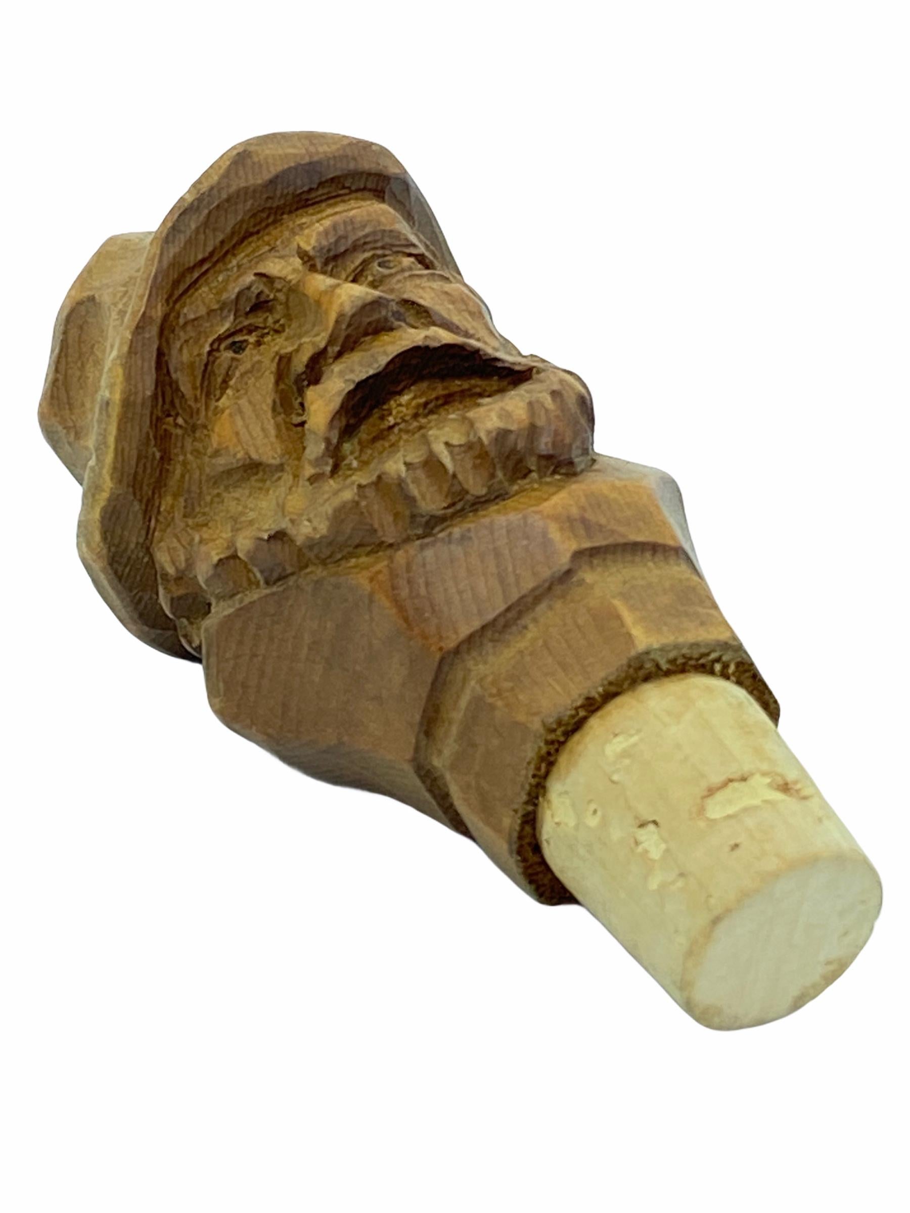 German Black Forest Wood Carved Figural Man Head Cork Bottle Stopper, 1930s 1