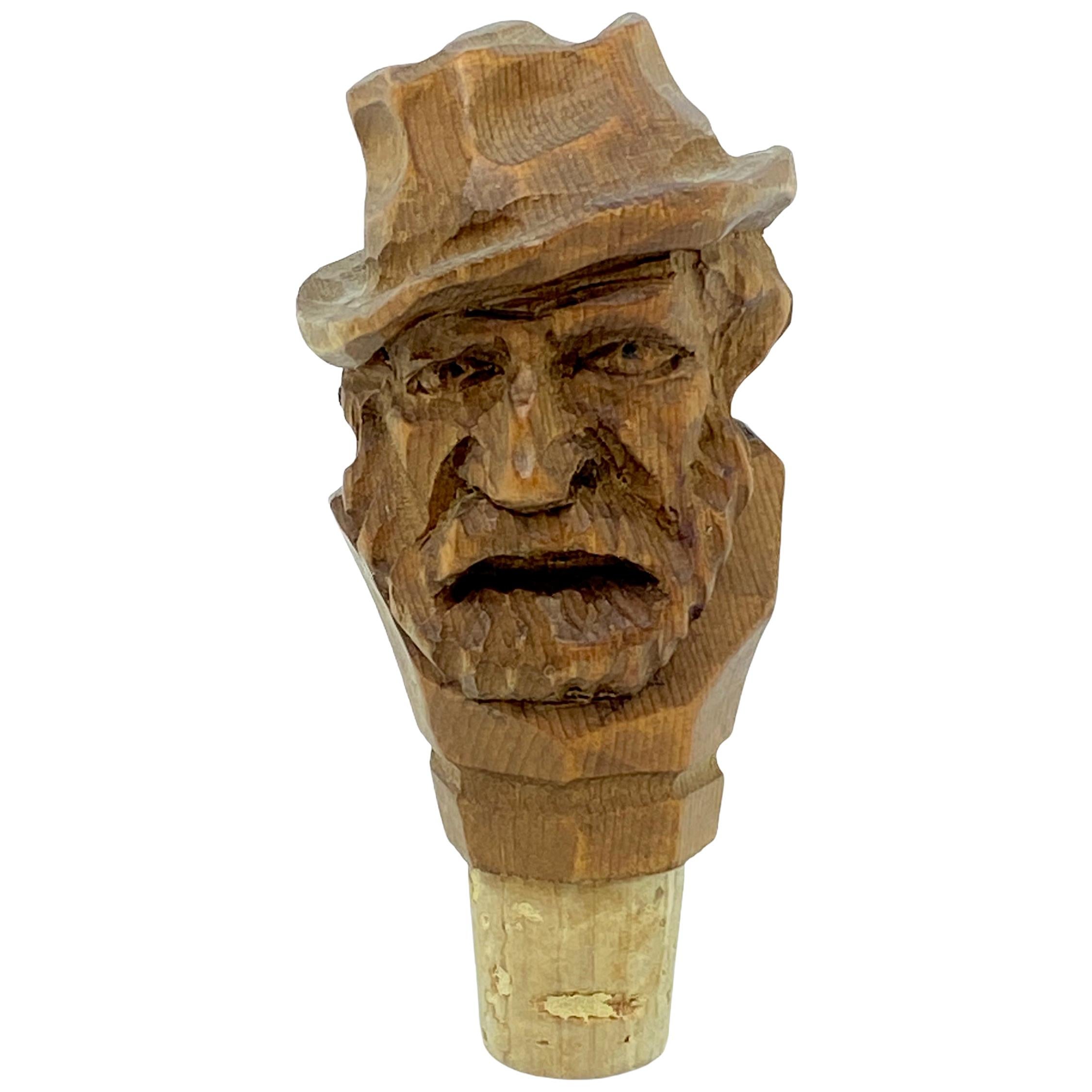 German Black Forest Wood Carved Figural Man Head Cork Bottle Stopper, 1930s