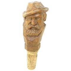 Antique German Black Forest Wood Carved Figural Man Head Cork Bottle Stopper, 1930s