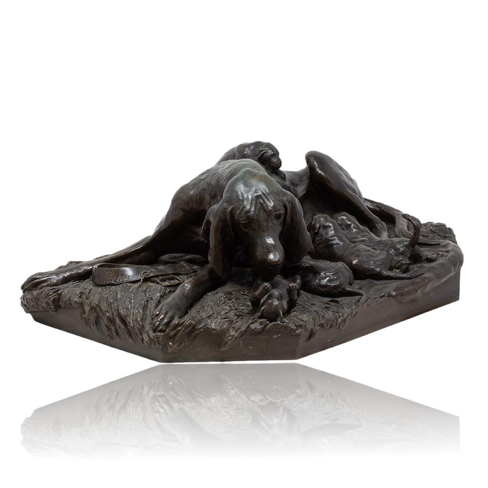 Allemand Groupe en bronze représentant un chien de chasse allemand, par W. Prehn, vers 1860 en vente