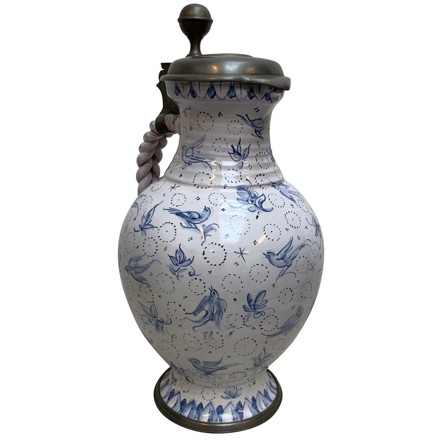 Pewter German Blue and White Faience Enghalskrug, Ansbach Jug, Circa 1780