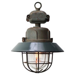 Lampade a sospensione in ghisa industriale vintage con smalto blu tedesco e vetro trasparente Lampade a sospensione in ghisa industriale vintage con smalto blu tedesco e vetro trasparente