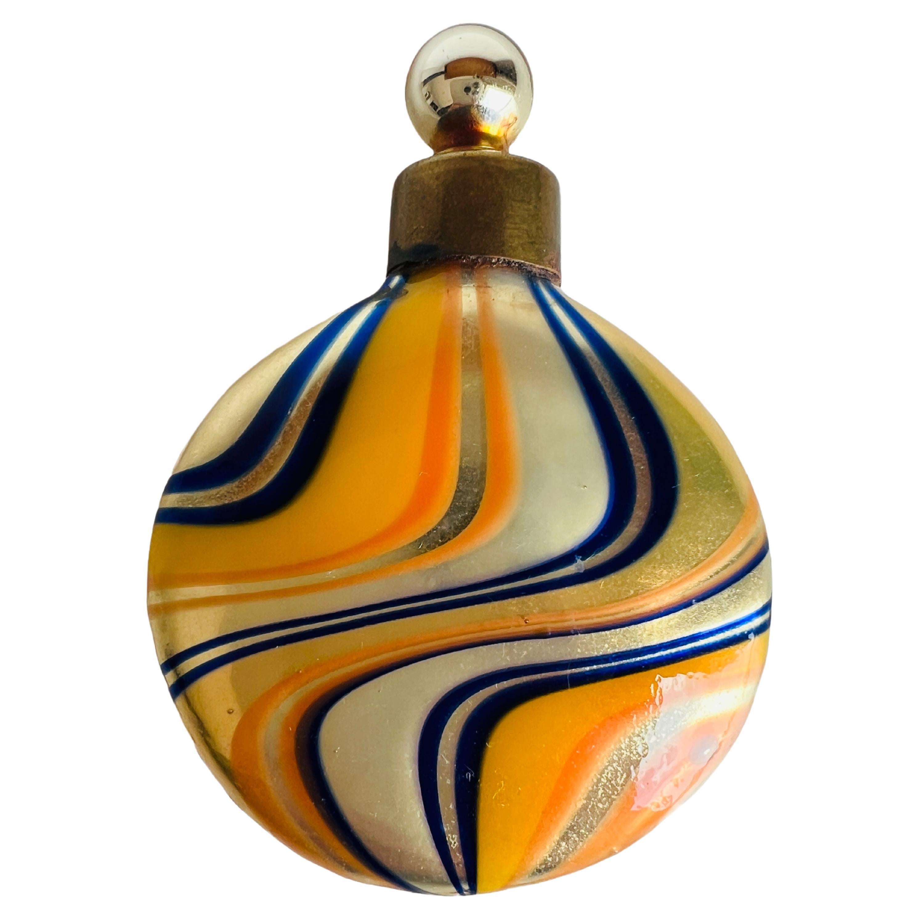 German Blue & Orange Hand Blown Mercury Glass Swirl Lay Down Perfume Bottle For Sale