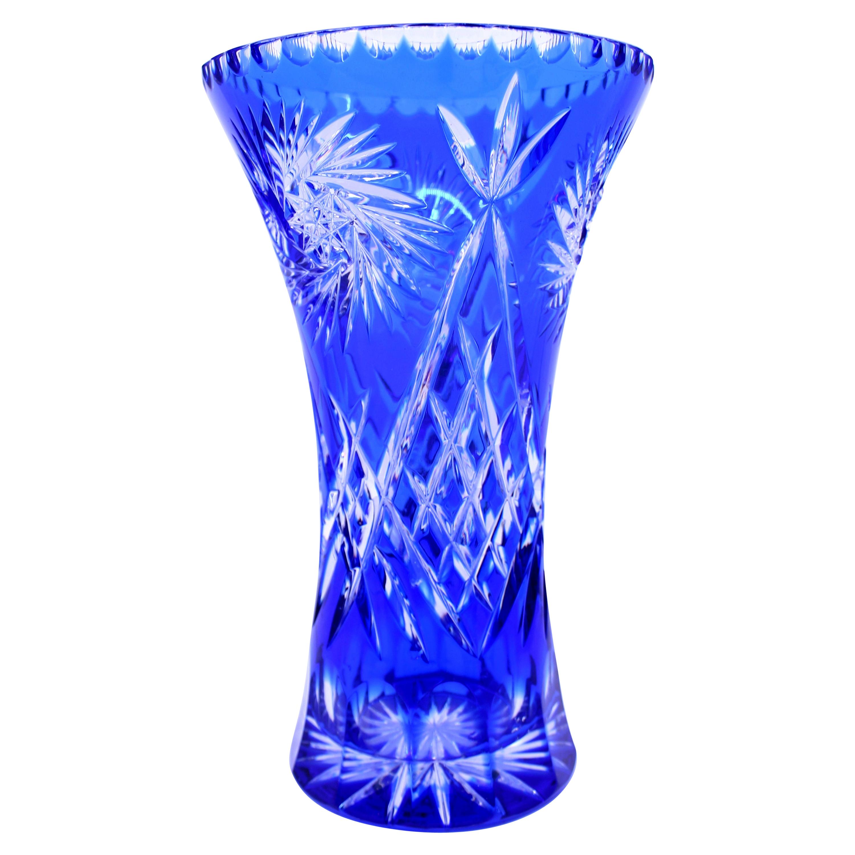 German Blue Overlay Crystal Flower Vase For Sale