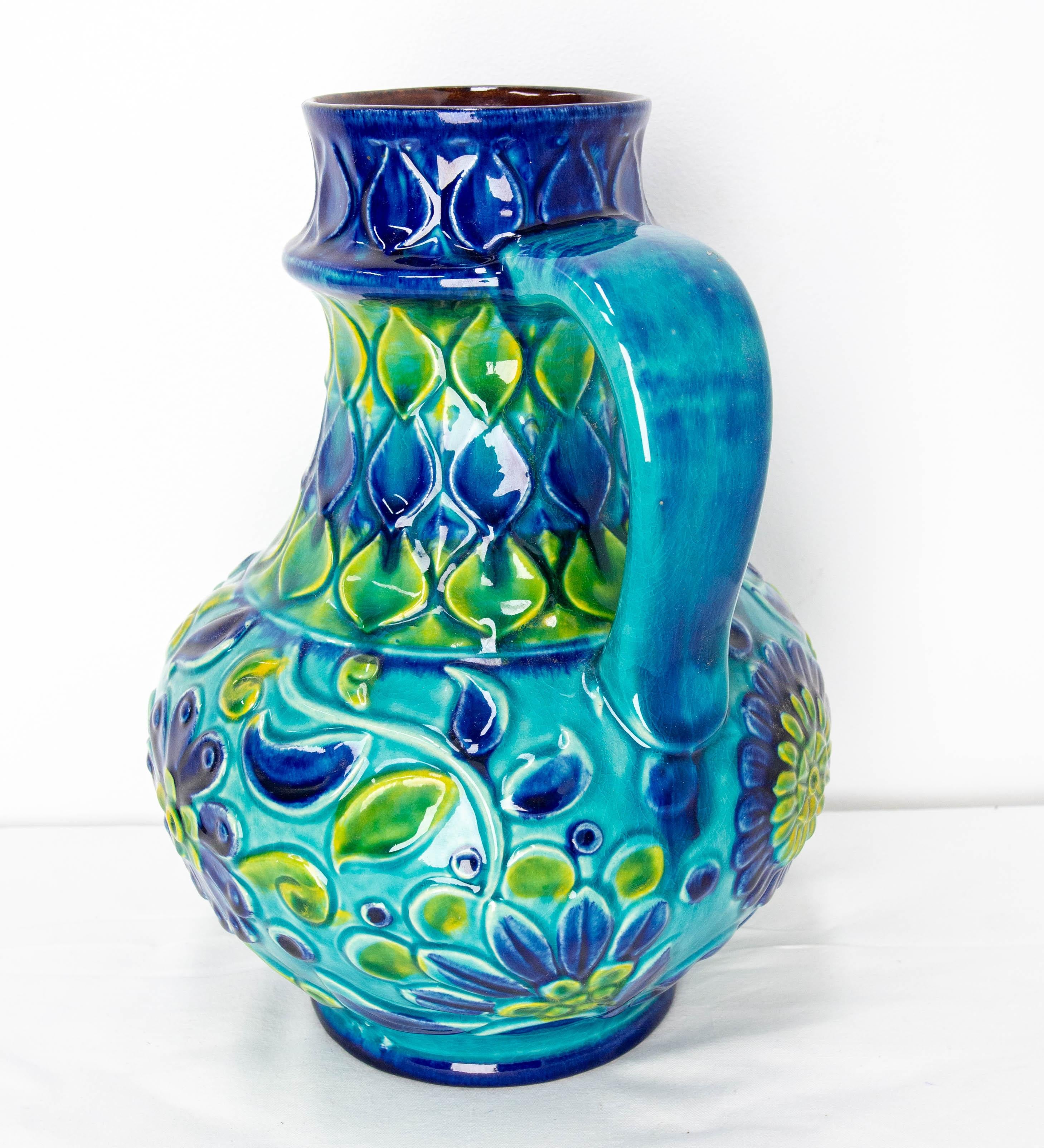 Mid-Century Modern German Blue Pitcher Glazed Ceramic or Vase Bay Keramik, Midcentury For Sale