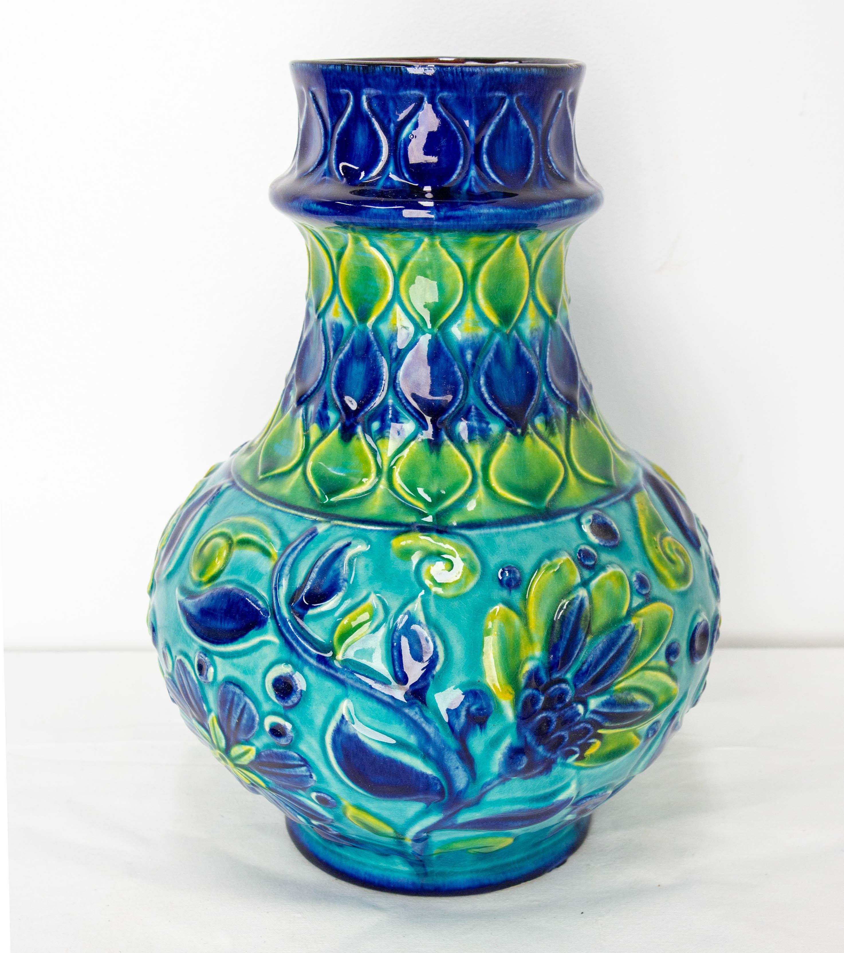 20th Century German Blue Pitcher Glazed Ceramic or Vase Bay Keramik, Midcentury For Sale