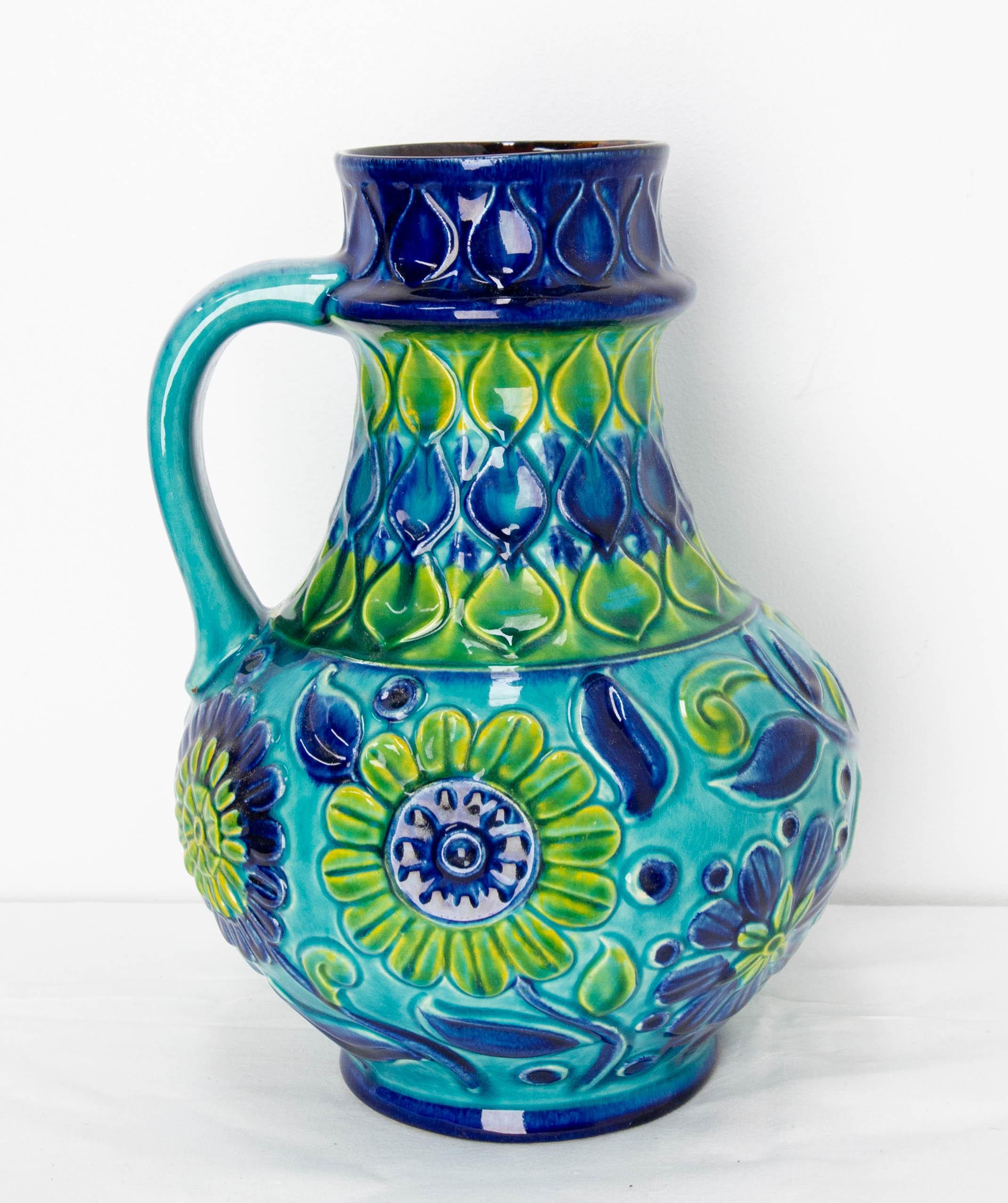 German Blue Pitcher Glazed Ceramic or Vase Bay Keramik, Midcentury For Sale 3
