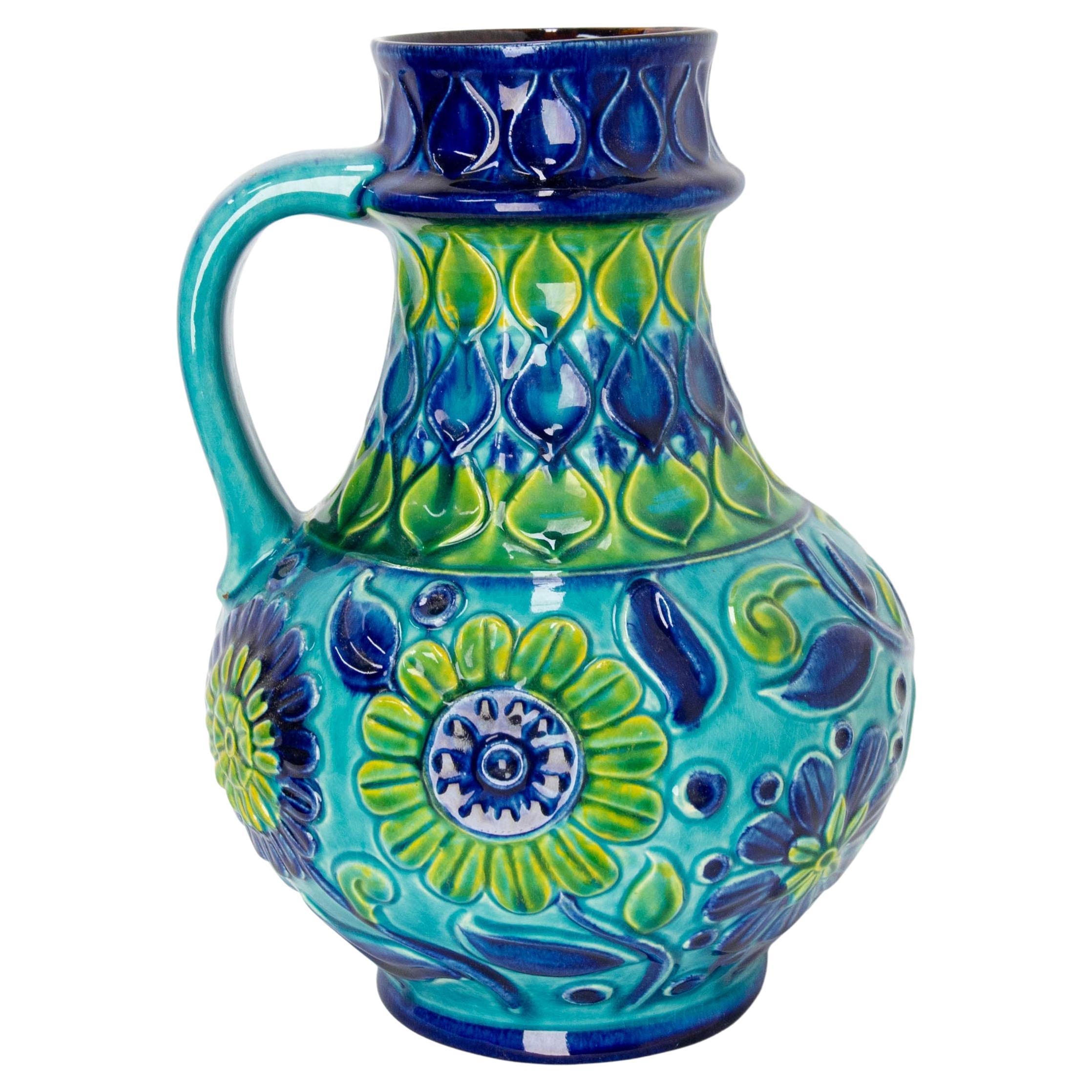 German Blue Pitcher Glazed Ceramic or Vase Bay Keramik, Midcentury For Sale