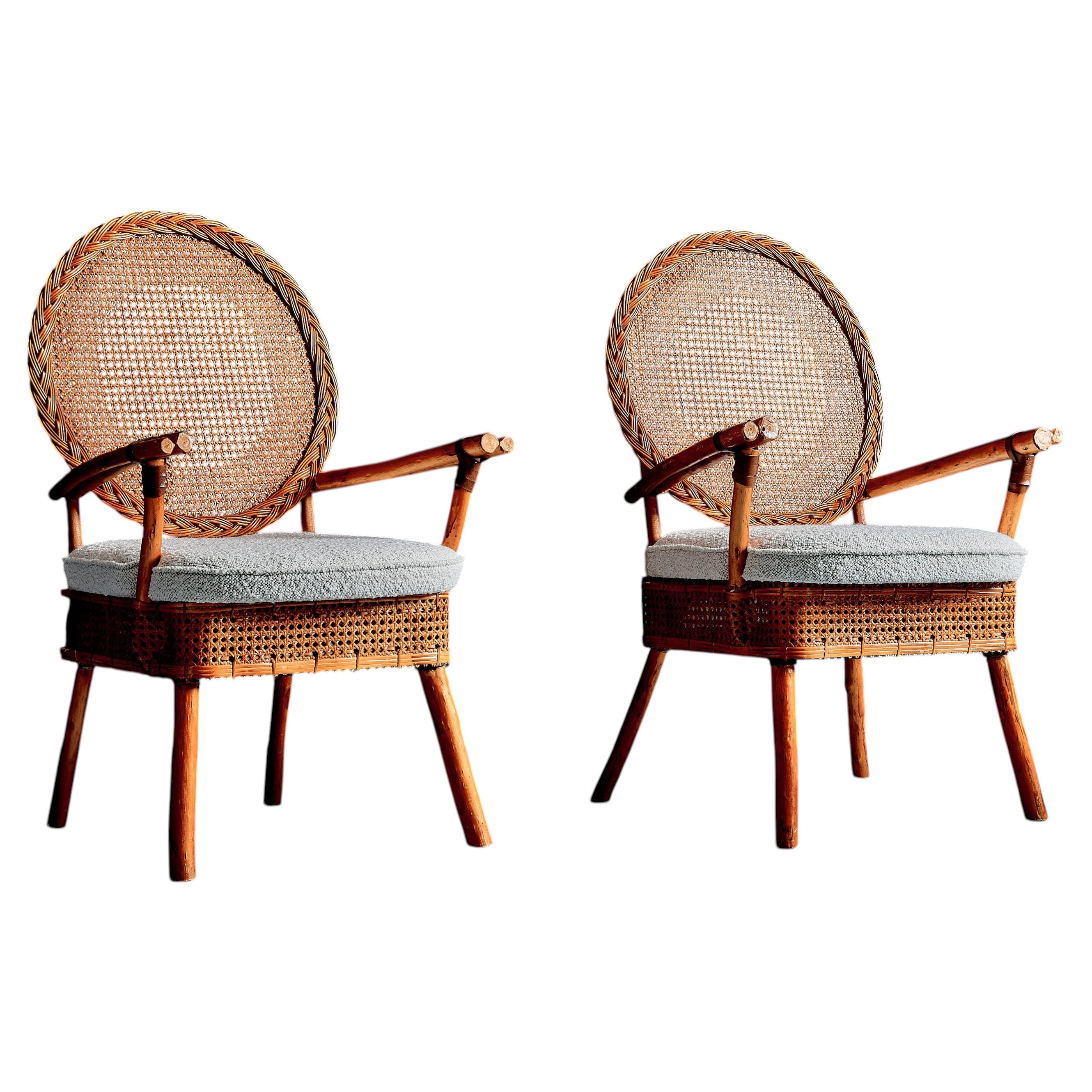 Mid-Century Cane and Rattan Lounge Chairs in Boucle, 1960s