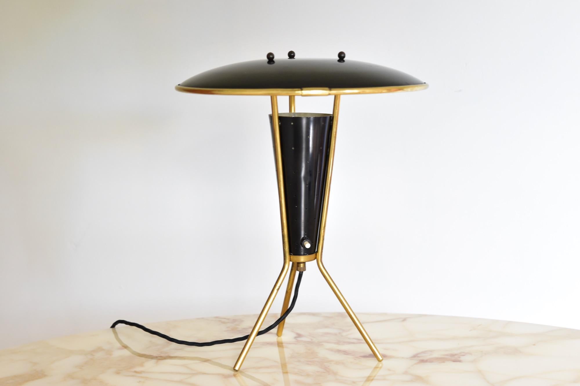German Brass Atomic Tripod Table Lamp 1960's with Perforated Shade 4