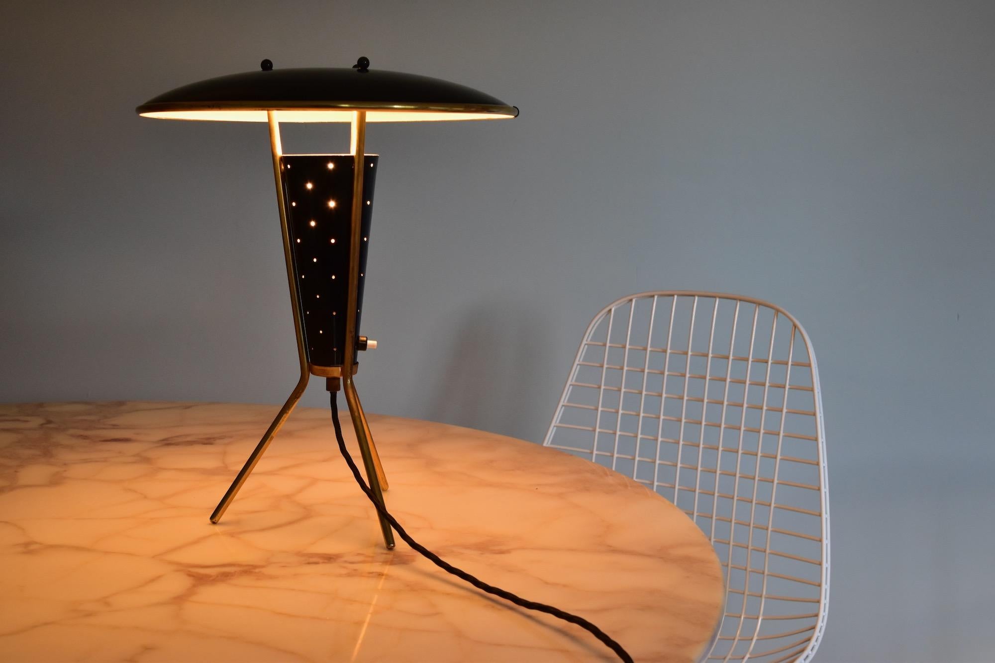 Painted German Brass Atomic Tripod Table Lamp 1960's with Perforated Shade