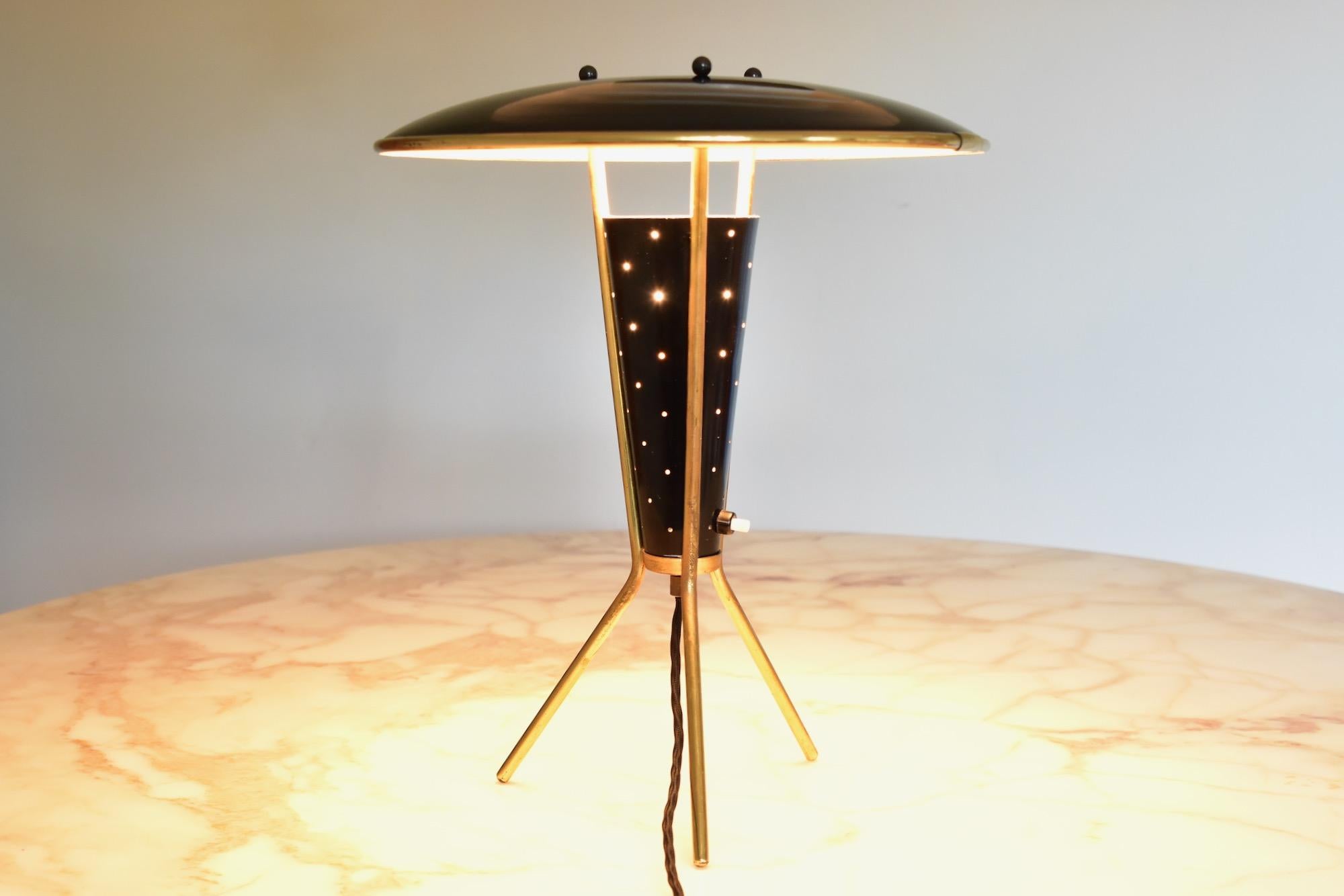20th Century German Brass Atomic Tripod Table Lamp 1960's with Perforated Shade