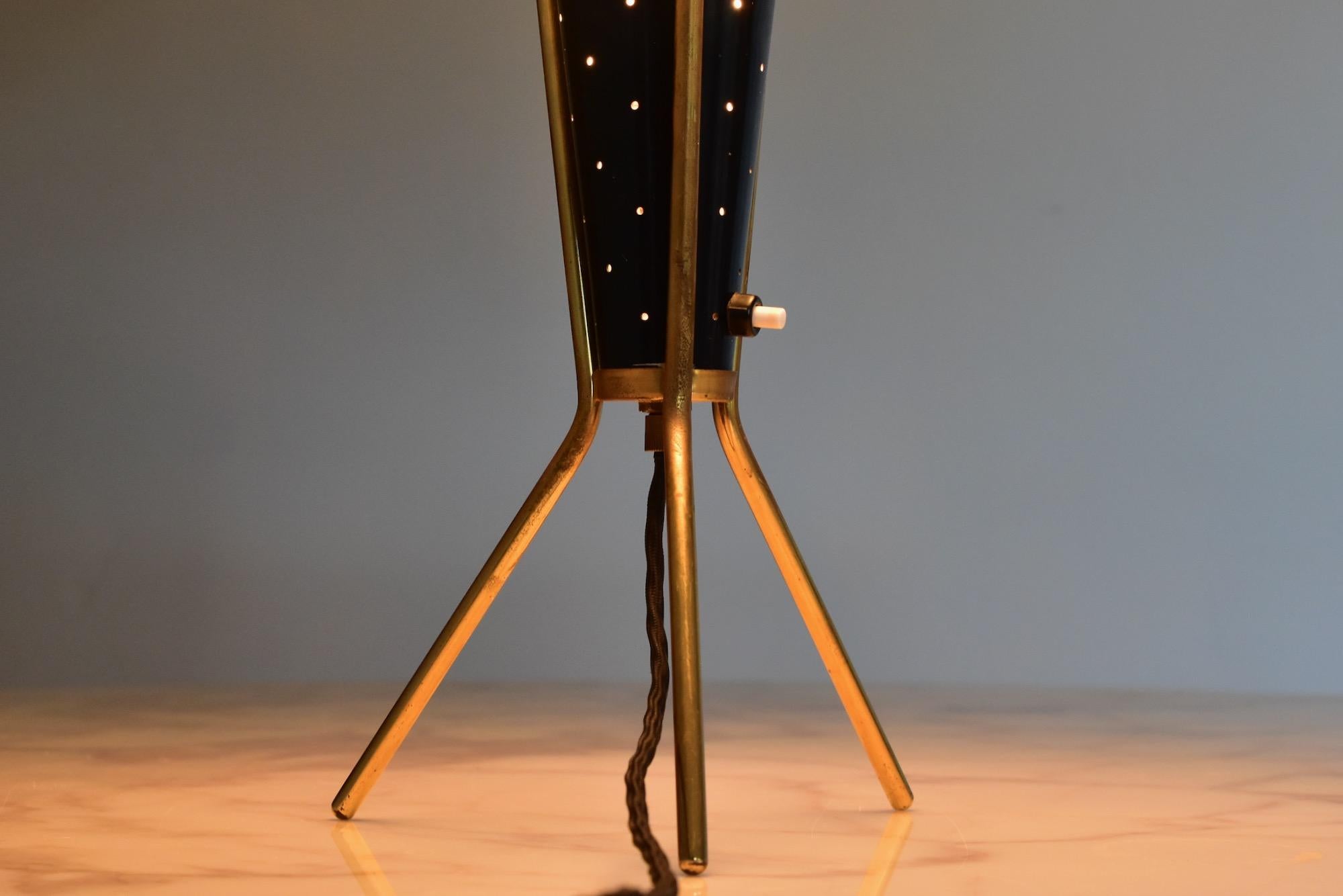 German Brass Atomic Tripod Table Lamp 1960's with Perforated Shade 1