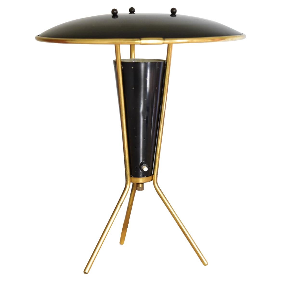 German Brass Atomic Tripod Table Lamp 1960's with Perforated Shade