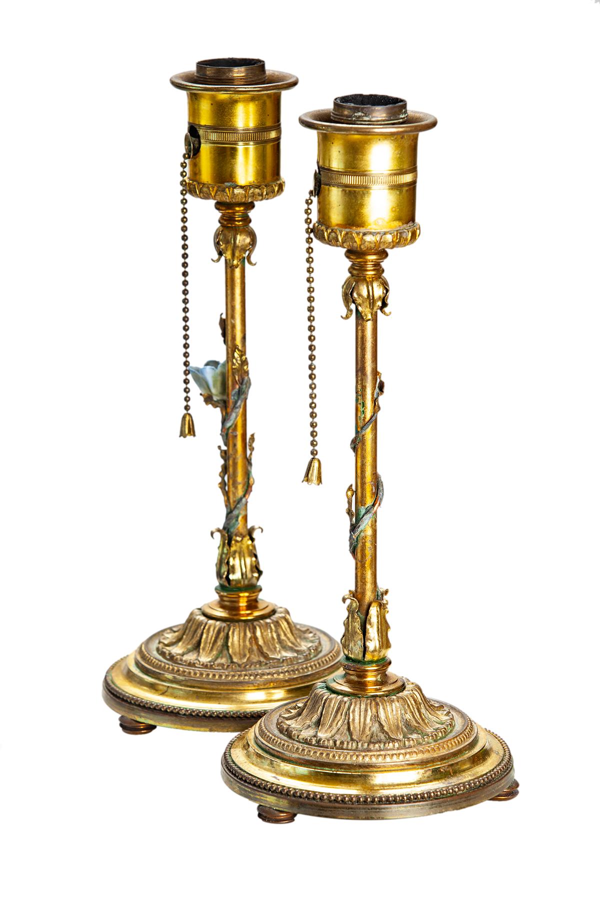 Romantic German Brass Candlestick Lamps w Vines & Vintage Stenciled Shade, a Pair For Sale
