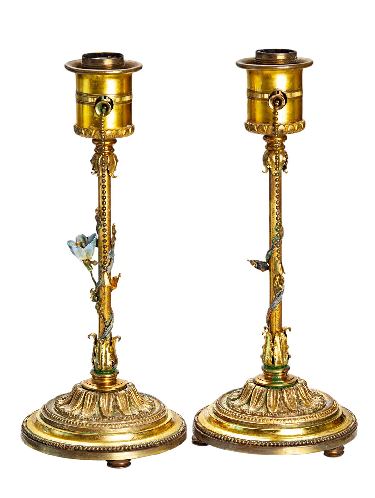 Hand-Crafted German Brass Candlestick Lamps w Vines & Vintage Stenciled Shade, a Pair For Sale