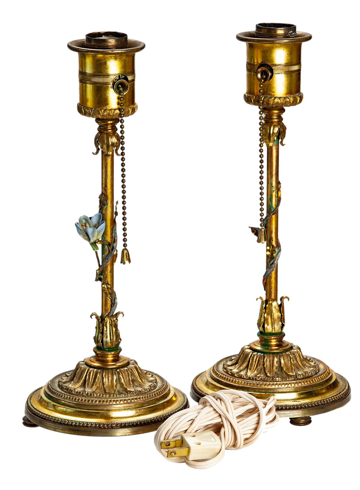 German Brass Candlestick Lamps w Vines & Vintage Stenciled Shade, a Pair For Sale 2
