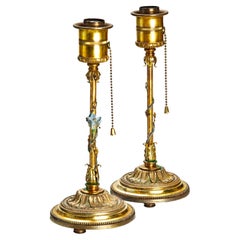 German Brass Candlestick Table Lamps W/Wrap Around Vines, Pair