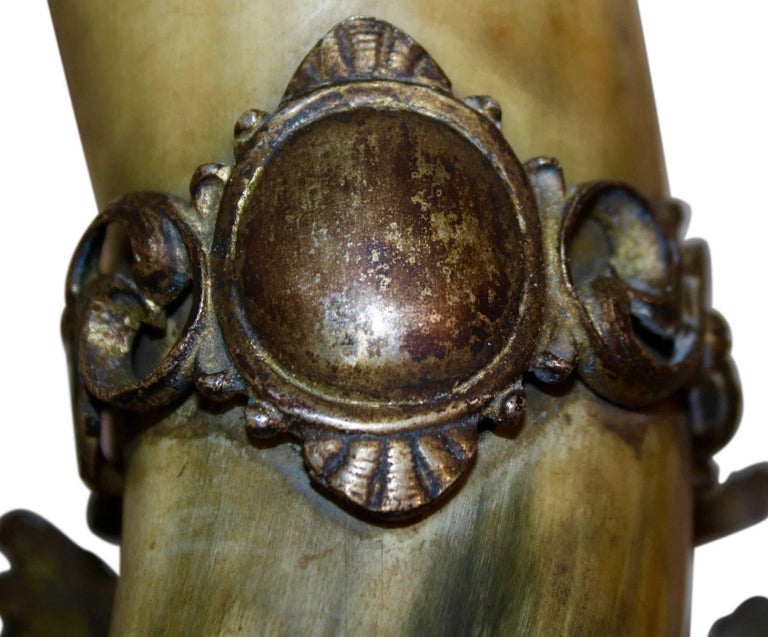 German Brass Mounted Drinking Horn with Inscribed Silver Plated Rim