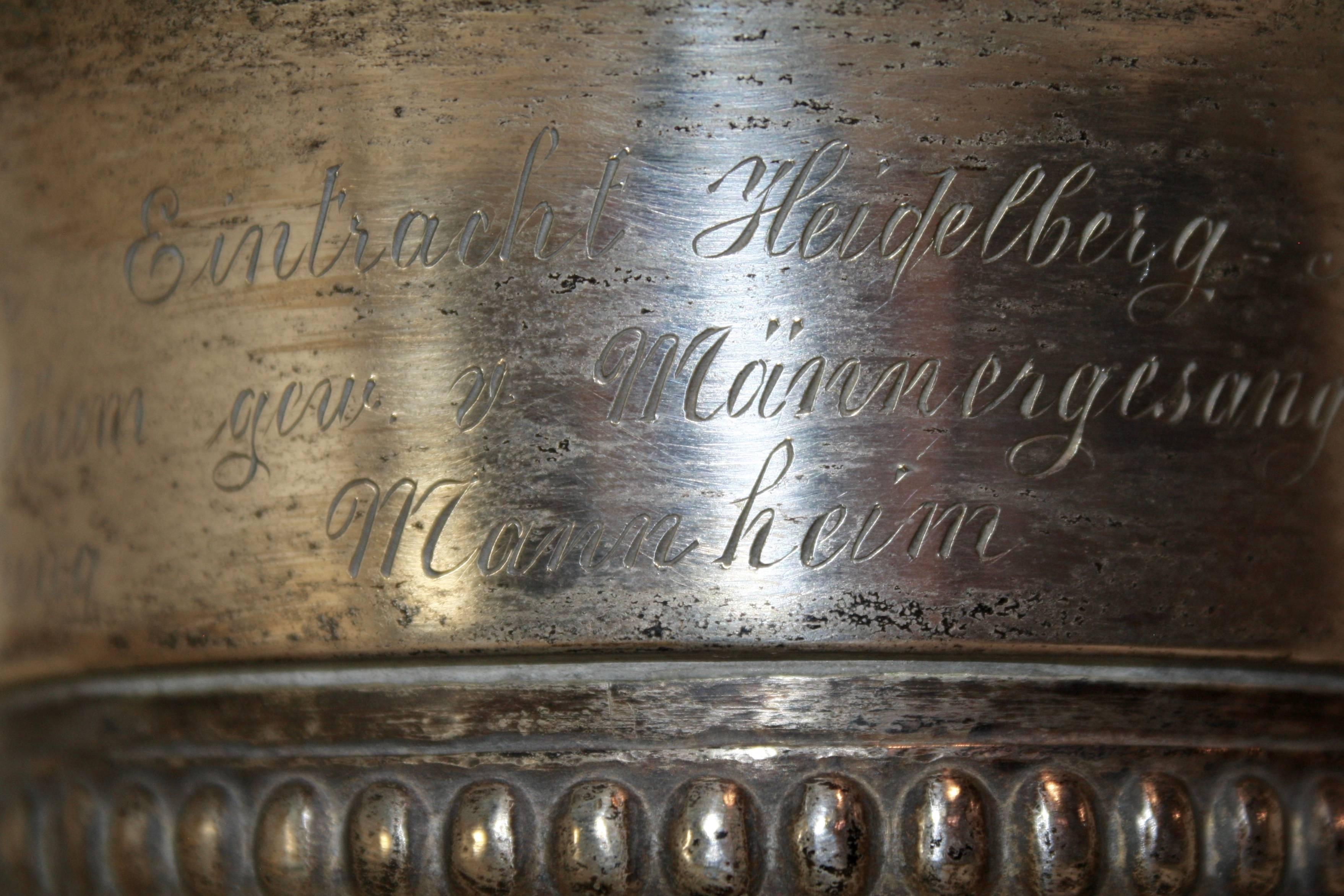 German Brass Mounted Drinking Horn with Inscribed Silver Plated Rim, circa 1880 1
