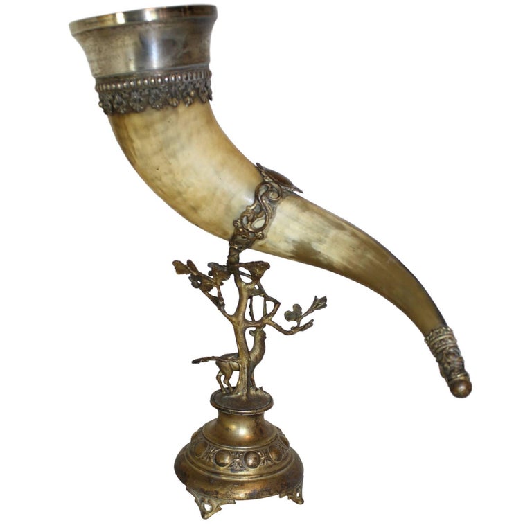German Brass Mounted Drinking Horn with Inscribed Silver Plated Rim