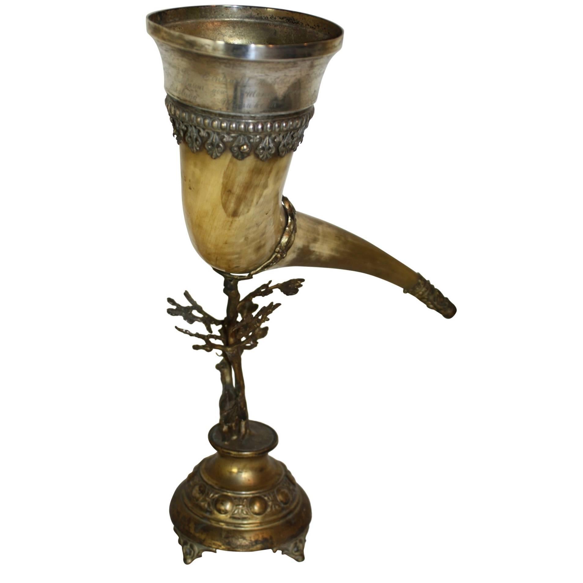 German Brass Mounted Drinking Horn with Inscribed Silver Plated Rim, circa 1880 3