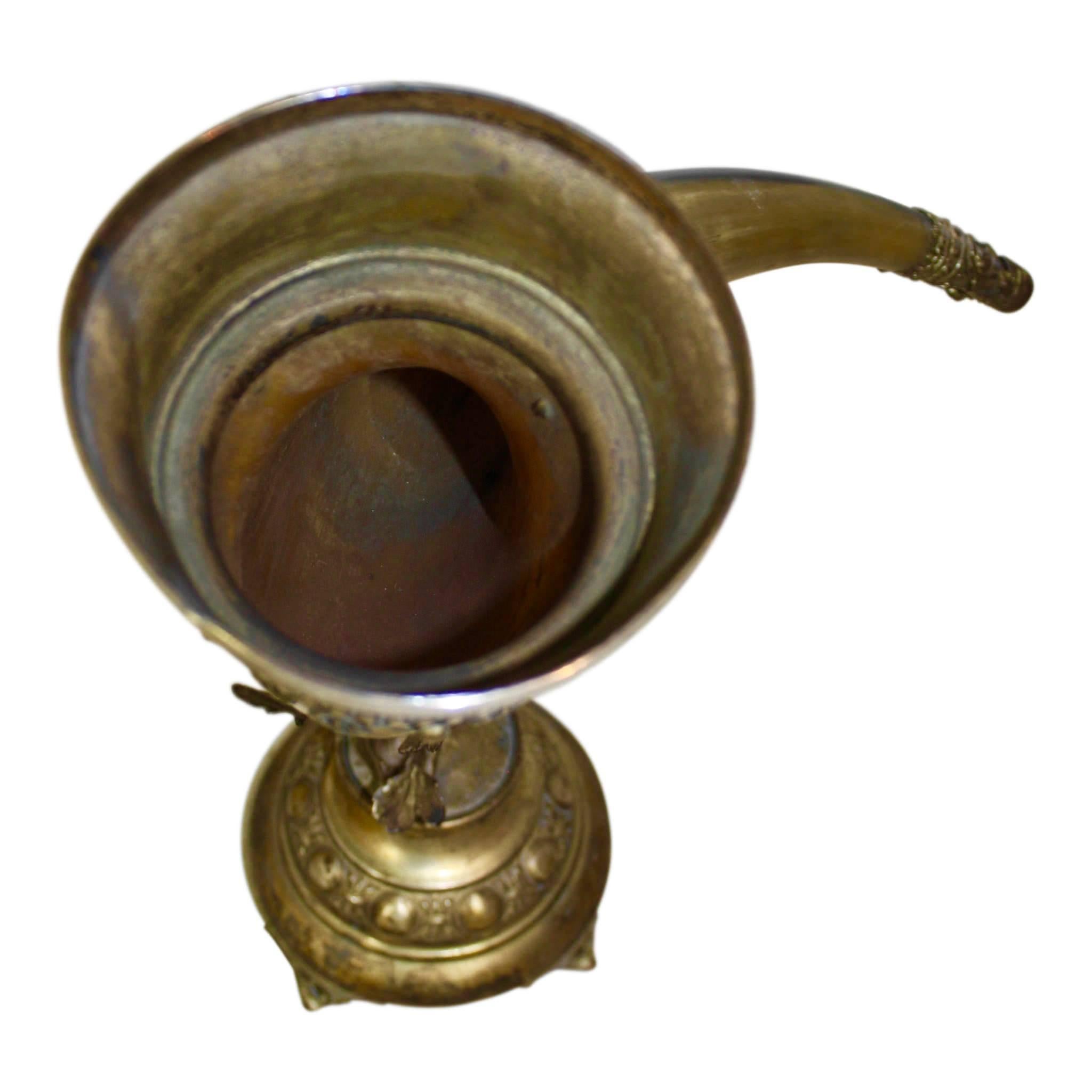 German Brass Mounted Drinking Horn with Inscribed Silver Plated Rim, circa 1880 4