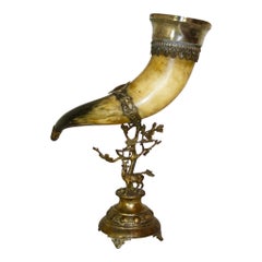 Antique German Brass Mounted Drinking Horn with Inscribed Silver Plated Rim, circa 1880