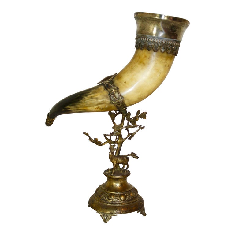 German Brass Mounted Drinking Horn with Inscribed Silver Plated Rim
