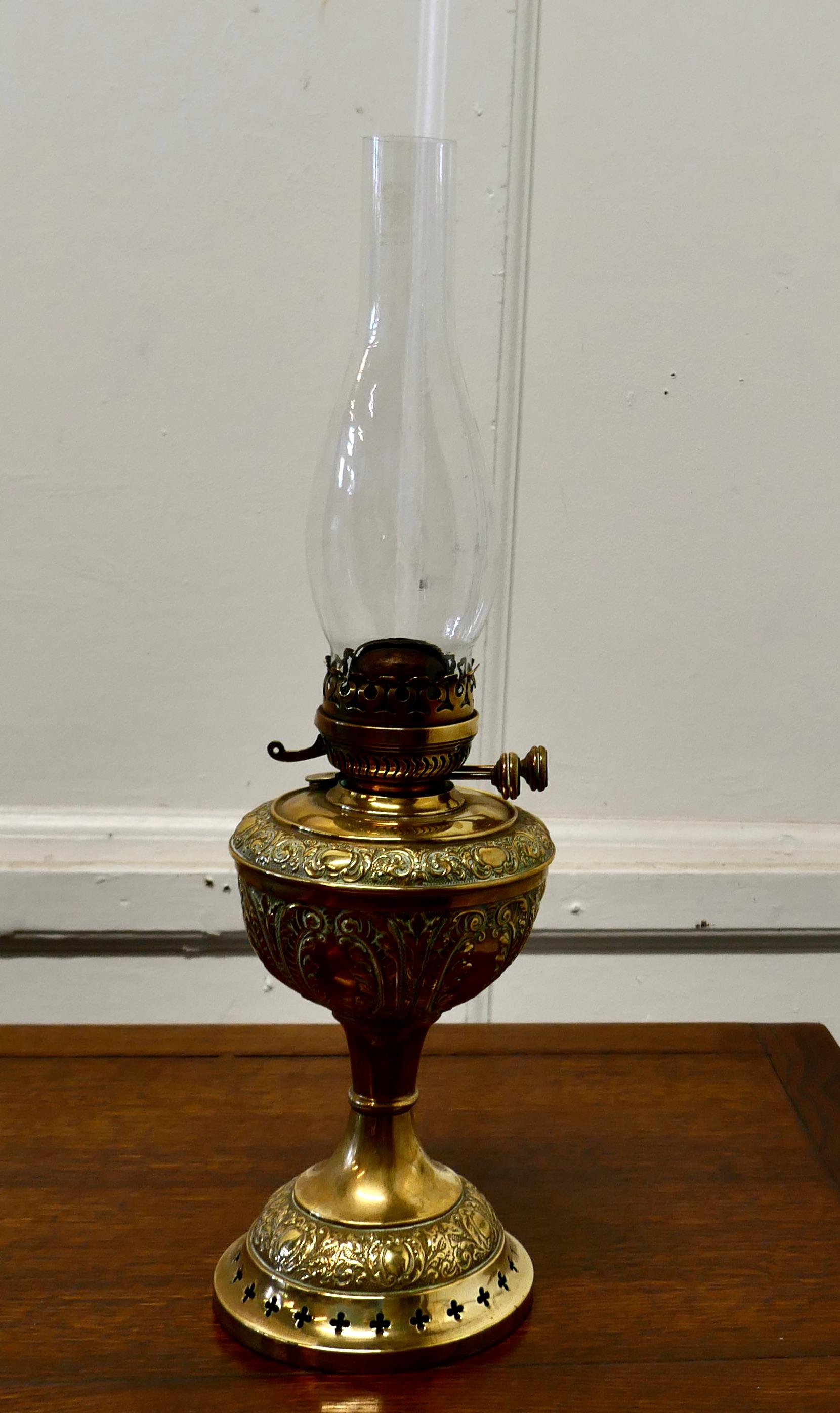 German brass oil lamp by Kaestner & Tobelman, Erfurt

A good beautiful looking piece in chased brass, it has a chimney and burner but I cannot guarantee if it is in working condition but it looks OK


The lamp is in vey handsome good condition,