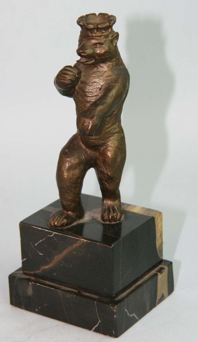 1166 Bronze boxing bear sculpture on marble pedestal base Germany 1960's.