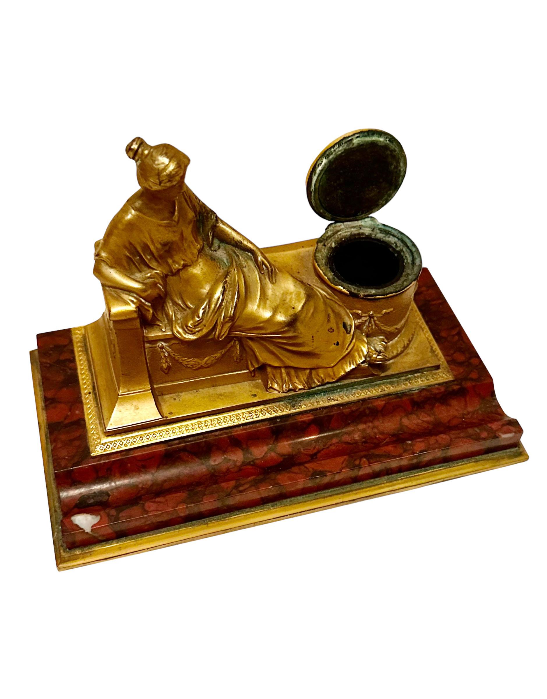 German Bronze Dore and Marble Inkwell  In Good Condition For Sale In Tampa, FL